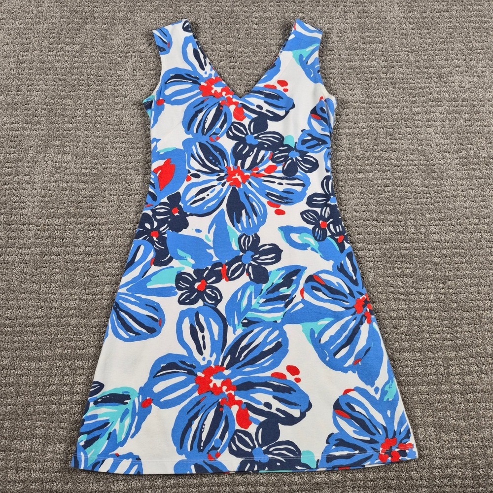Mahi Gold Dress Womens XS Blue White Floral Mini A-Line V-neck Tropical